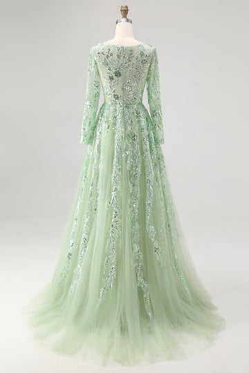 Dusty Sage Lace Applique Long Sleeve Tulle Prom Dress